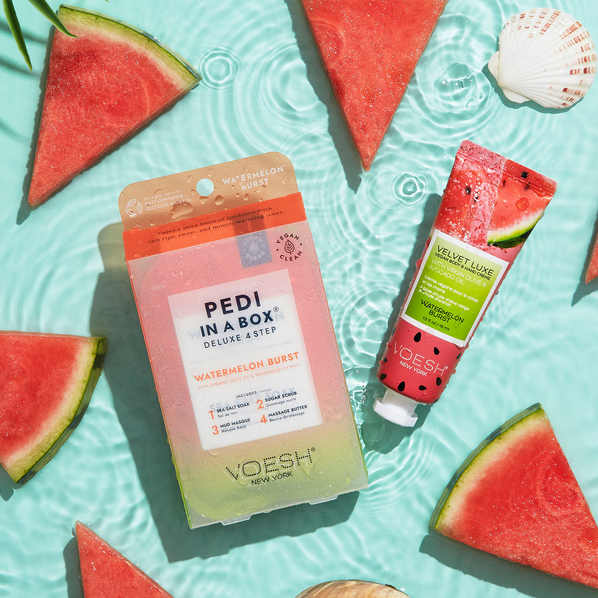Voesh New York's Watermelon Burst Duo on a blue water background