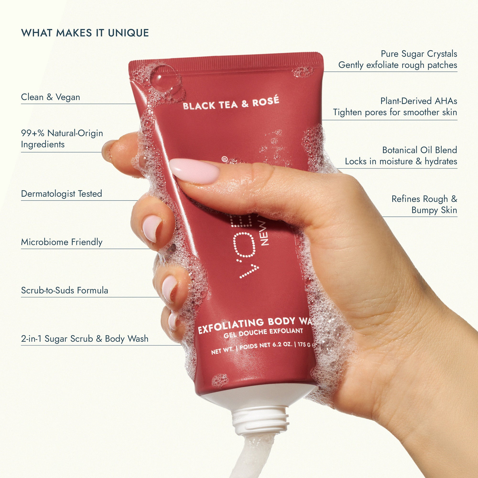 Exfoliating Body Wash Black Tea & Rosé - Sugar Scrub with Plant-Derived AHAs