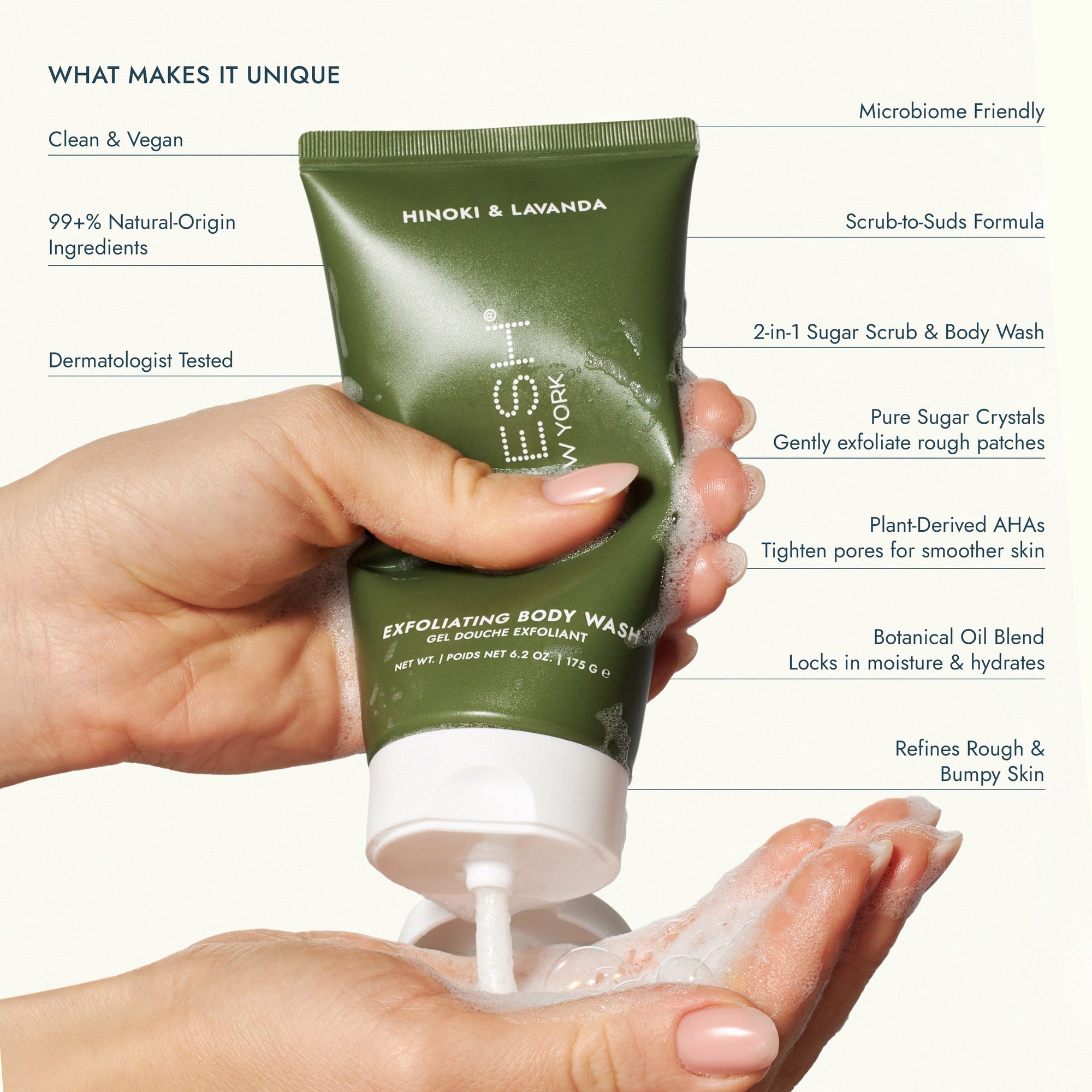 Exfoliating Body Wash Hinoki & Lavanda - Sugar Scrub with Plant-Derived AHAs