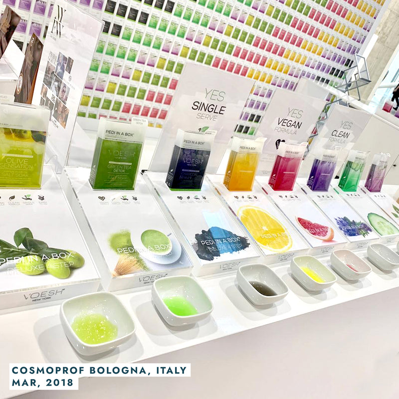 photo of pedi in a box 4 step with dishes of each scent at cosmoprof bologna trade show in 2018