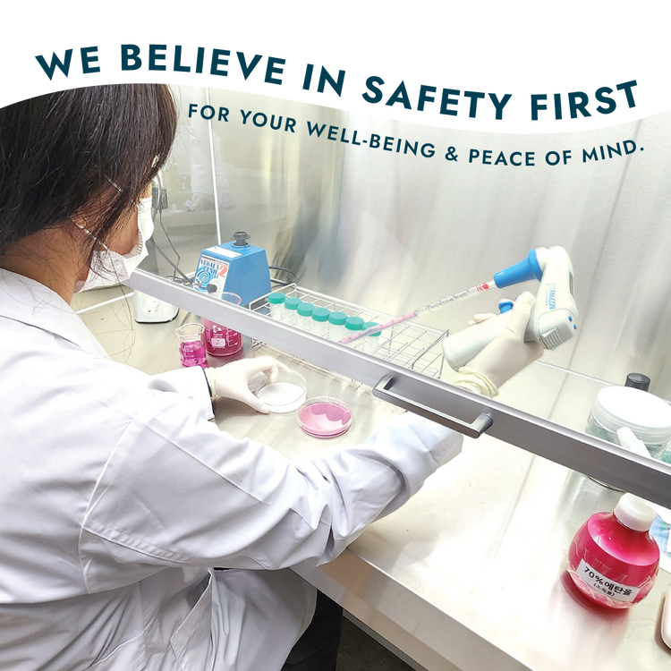 We Believe in safety first for your well-being and peace of mind text with image of woman in a testing lab