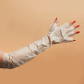 Women arm wearing Youth Therapy Elbow High Gloves finger tip removed