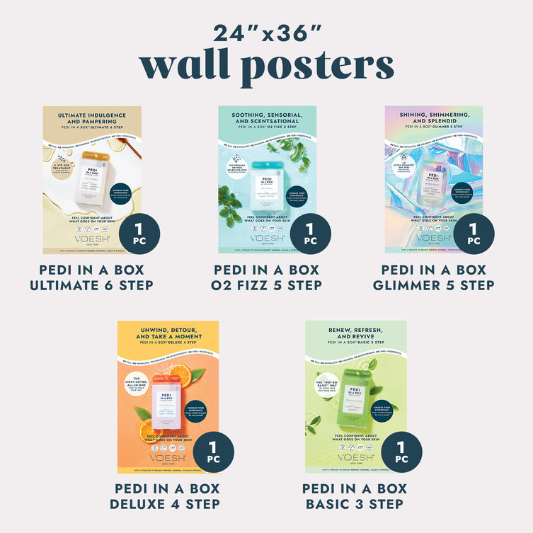 Image of five different pedicure wall posters on a grey background.