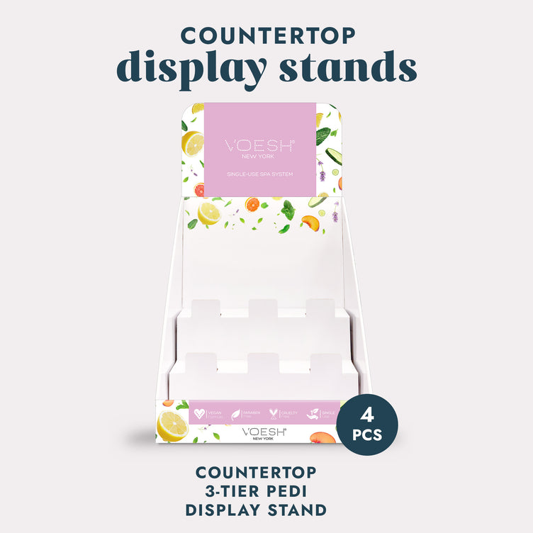 Countertop 3-Tier Pedi Display Stand on a gray background.
