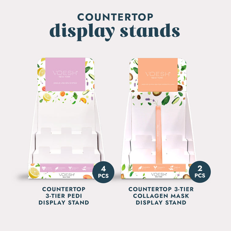 1 Countertop 3-Tier Pedi Display Stand and 1 Countertop 3-Tier Collagen Mask Display Stand on a gray background.