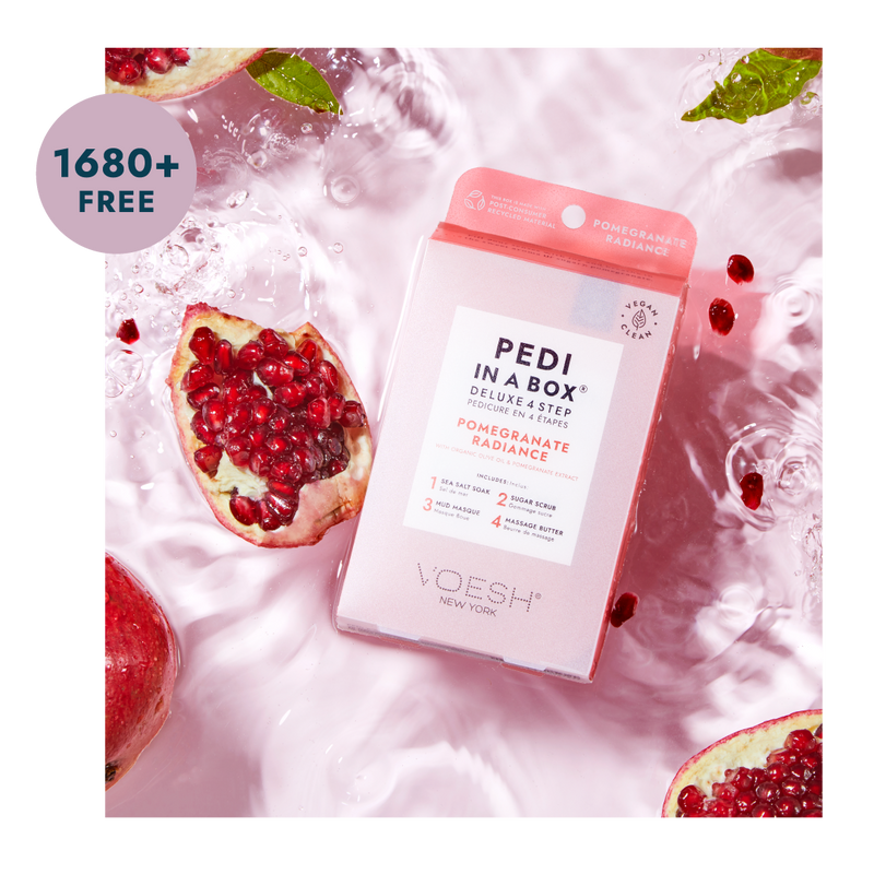 1680+ Free badge with image of pedi in a box 4 step pomegranate radiance floating in water with pomegranate fruits on pink background