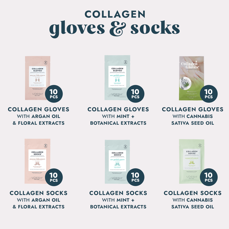 Collagen Gloves with Argan Oil & Floral Extracts, Collagen Gloves with Mint & Botanical Extracts, Collagen Gloves with Cannabis Sativa Seed Oil, Collagen Socks with Argan Oil & Floral Extracts, Collagen Socks with Mint & Botanical Extracts, and Collagen Socks with Cannabis Sativa Seed Oil on a grey background.