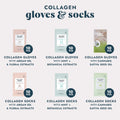 Collagen Gloves with Argan Oil & Floral Extracts, Collagen Gloves with Mint & Botanical Extracts, Collagen Gloves with Cannabis Sativa Seed Oil, Collagen Socks with Argan Oil & Floral Extracts, Collagen Socks with Mint & Botanical Extracts, and Collagen Socks with Cannabis Sativa Seed Oil on a gray background.
