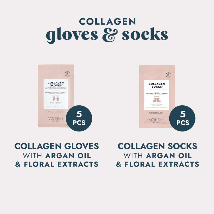 Collagen Gloves with Argan Oil & Floral Extracts & Collagen Socks withArgan Oil & Floral Extracts on a gray background.