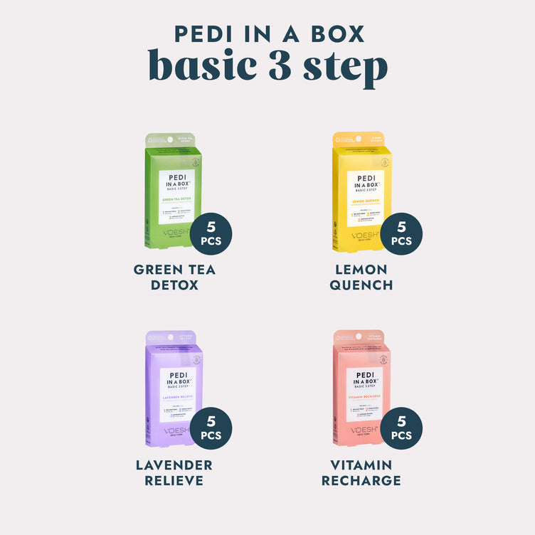 4 Pedi in a Box Basic 3 Step kits in a variety of scents on a gray background.