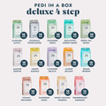 Image of 17 different scents of our Pedi in a Box Deluxe 4 Step pedicure kits.