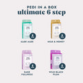 4 Pedi in a Box Ultimate 6 Step kits in various scents on a gray background.