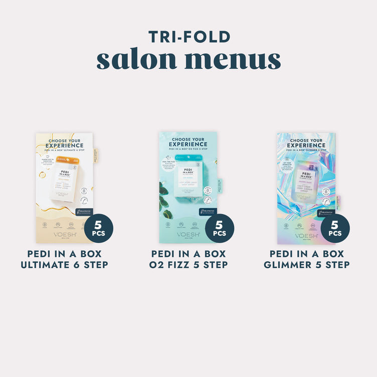 3 Tri-Fold Salon Menus showcasing different pedicure treatments on a gray background.