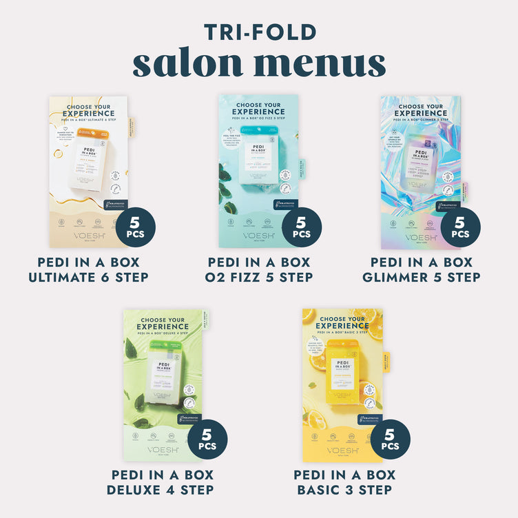 5 Tri-Fold Salon Menus showcasing different pedicure services on a gray background.