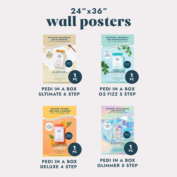 4 24” x 36” Wall Posters showcasing different pedicure treatments on a gray background.