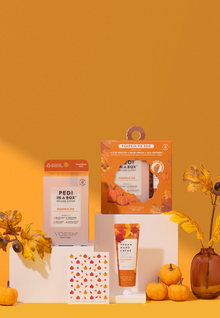 Limited Edition Pumpkin Pie Duo on an orange background with pumpkins and leaves. 