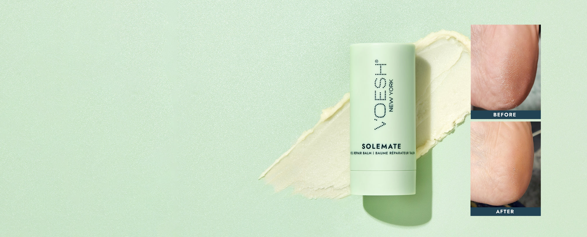 Solemate Heel Repair Balm on top of swipe of balm’s texture. Before-and-after pictures of dry heel and moisturized heel.