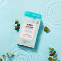 eucalyptus energy boost pedi in a box 4 step in water on blue background with eucalyptus leaves