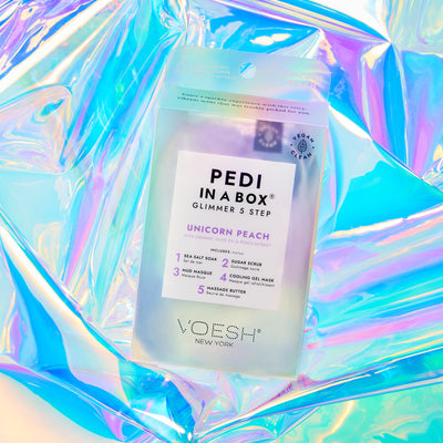 Pedi In a Box Glimmer Unicorn Peach on iridescent background