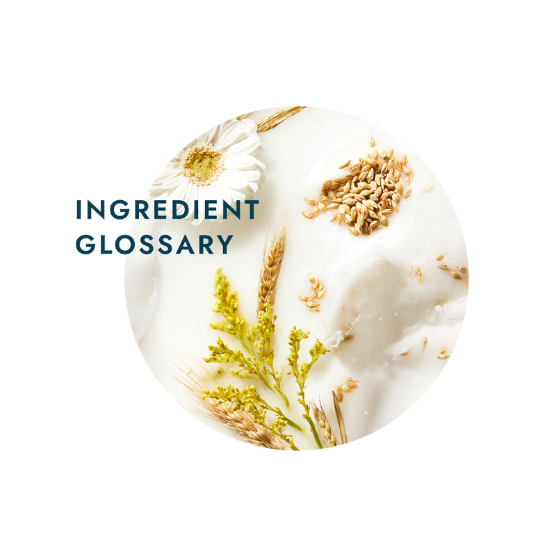 Ingredient glossary label with circle image of milky background with flowers and oats