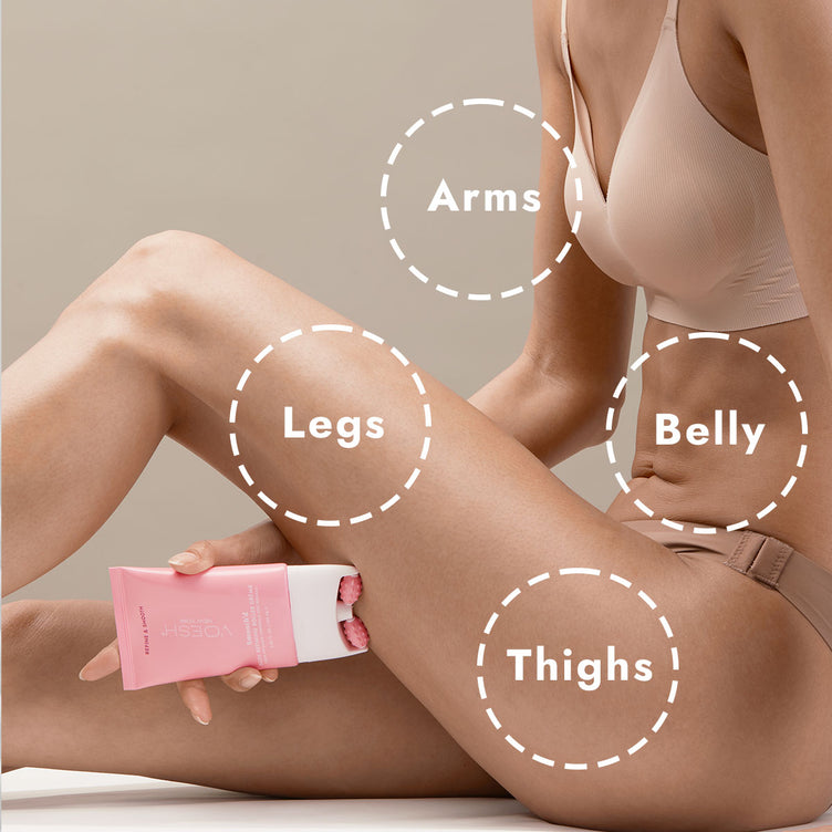 Woman in her bra and underwear holding Smooth’d Body Refining Roller Crème with a diagram of where to use the product, pictured on a tan background.Woman in her bra and underwear holding Smooth’d Body Refining Roller Crème with a diagram of where to use the product, pictured on a tan background.