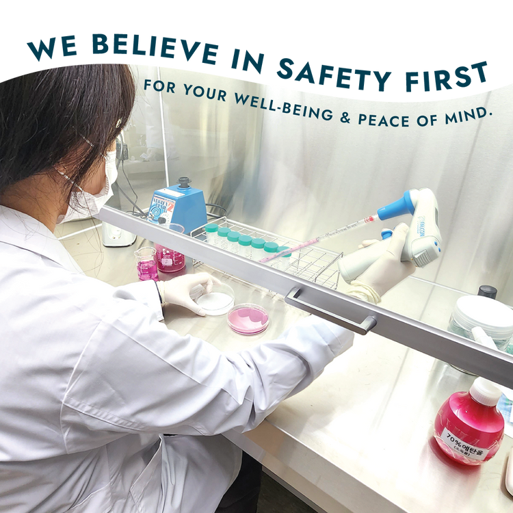 We Believe in safety first for your well-being and peace of mind text with image of woman in a testing lab 