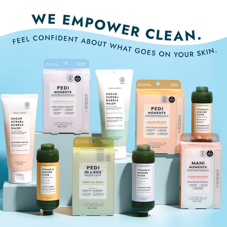 We Empower Clean. Feel confident about what goes on your skin. Tagline with image of sugar scrubs, shower filters, and pedi in a boxes on blue background