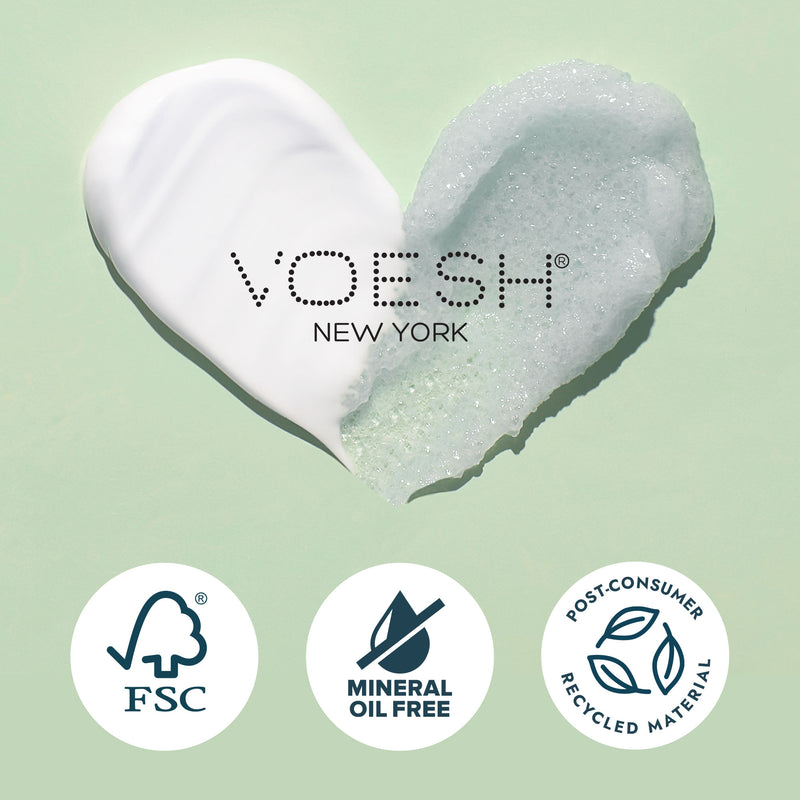 Voesh logo on texture heart on light green background with FSC logo, Mineral oil free icon, and Post-consumer recycled material icon