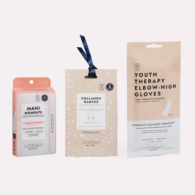 Image featuring VOESH Mani Love Kit that includes Vitamin Recharge Mani Moments Set, Collagen Gloves Trio, and pair of Youth Therapy Elbow-High Gloves.