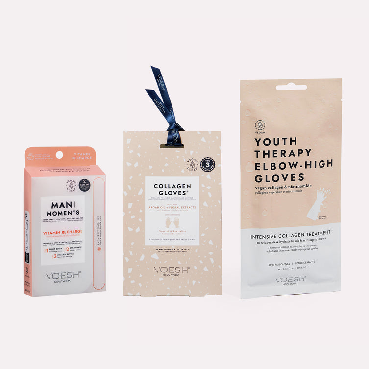 Image featuring VOESH Mani Love Kit that includes Vitamin Recharge Mani Moments Set, Collagen Gloves Trio, and pair of Youth Therapy Elbow-High Gloves.