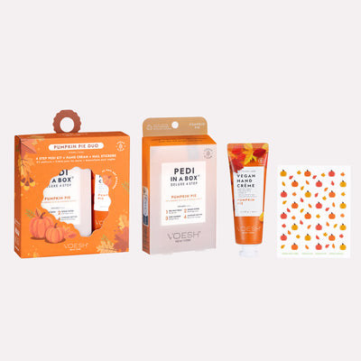 Pumpkin Pie Duo Box, Pumpkin Pie Pedi in a Box 4 Step, Vegan Hand Creme, and Nail Stickers on Gray background