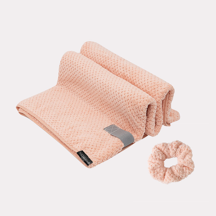 Image shows a Pink Microfiber Hair Towel and Scrunchie Set