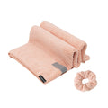 Image shows a Pink Microfiber Hair Towel and Scrunchie Set