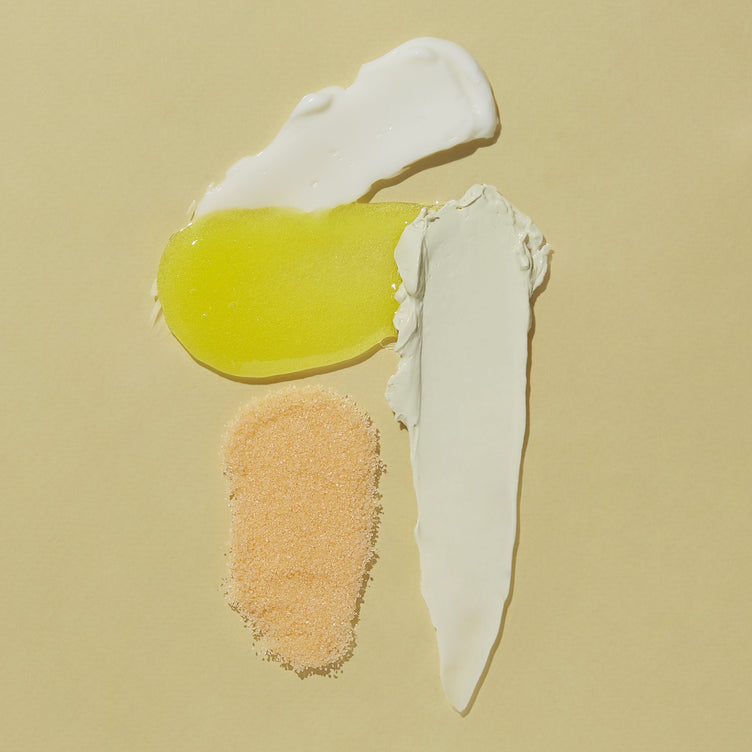 Product texture of Salt, Scrub Mud masque, Massage butter on yellow background
