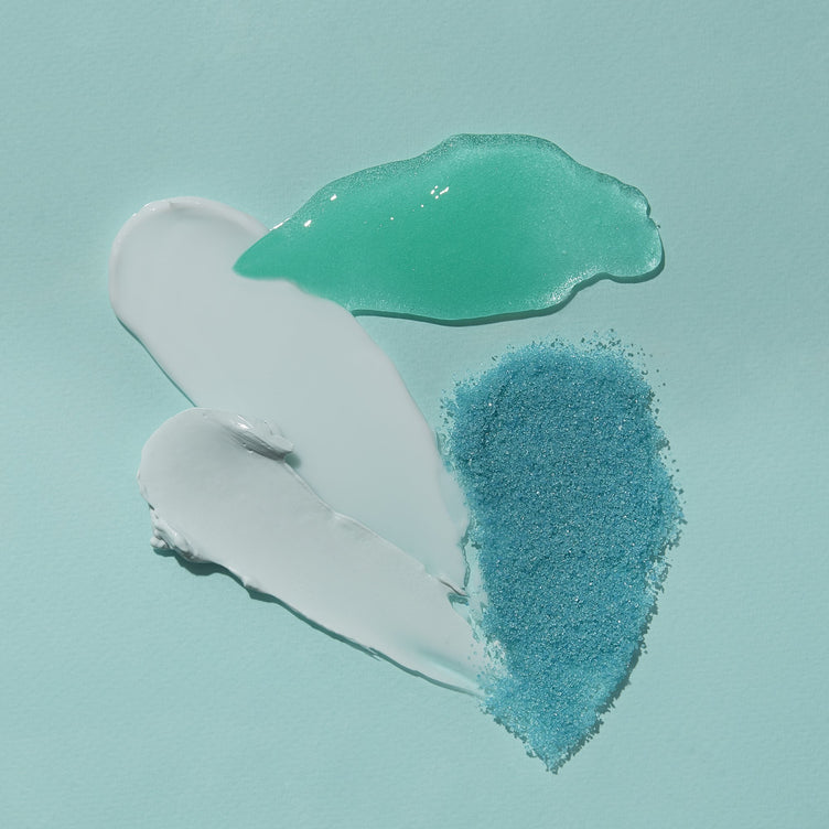 Product texture of Salt, Scrub Mud masque, Massage butter on blue background