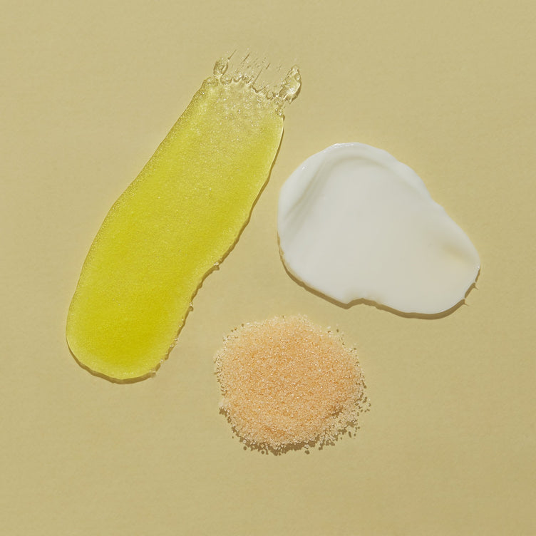 Product texture of Salt, Scrub , Massage butter on yellow background