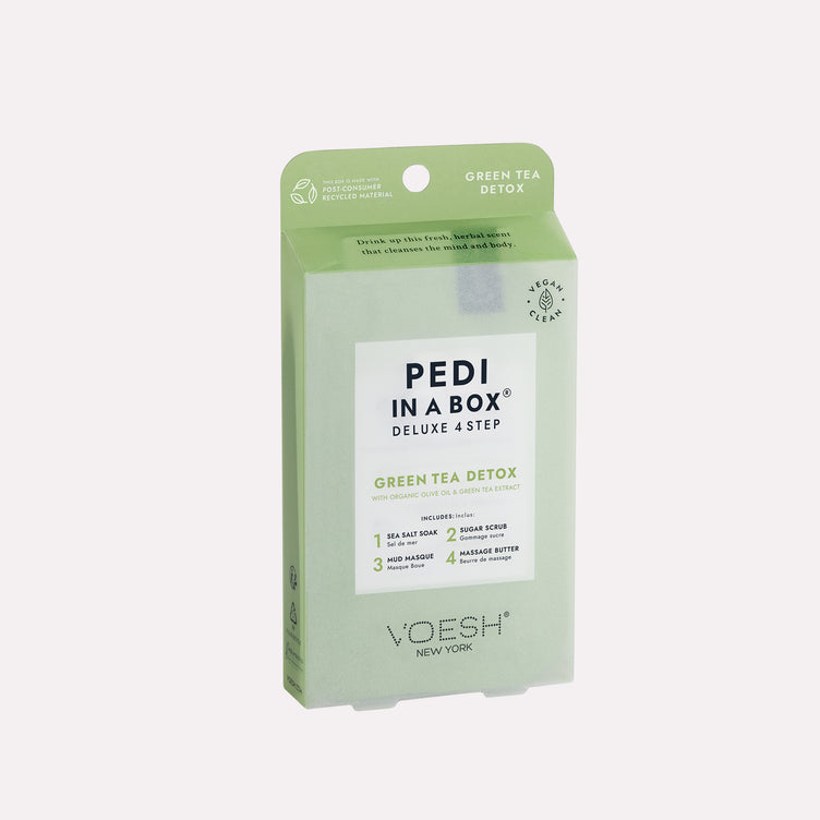 pedi in a box green tea detox 4 step on gray background