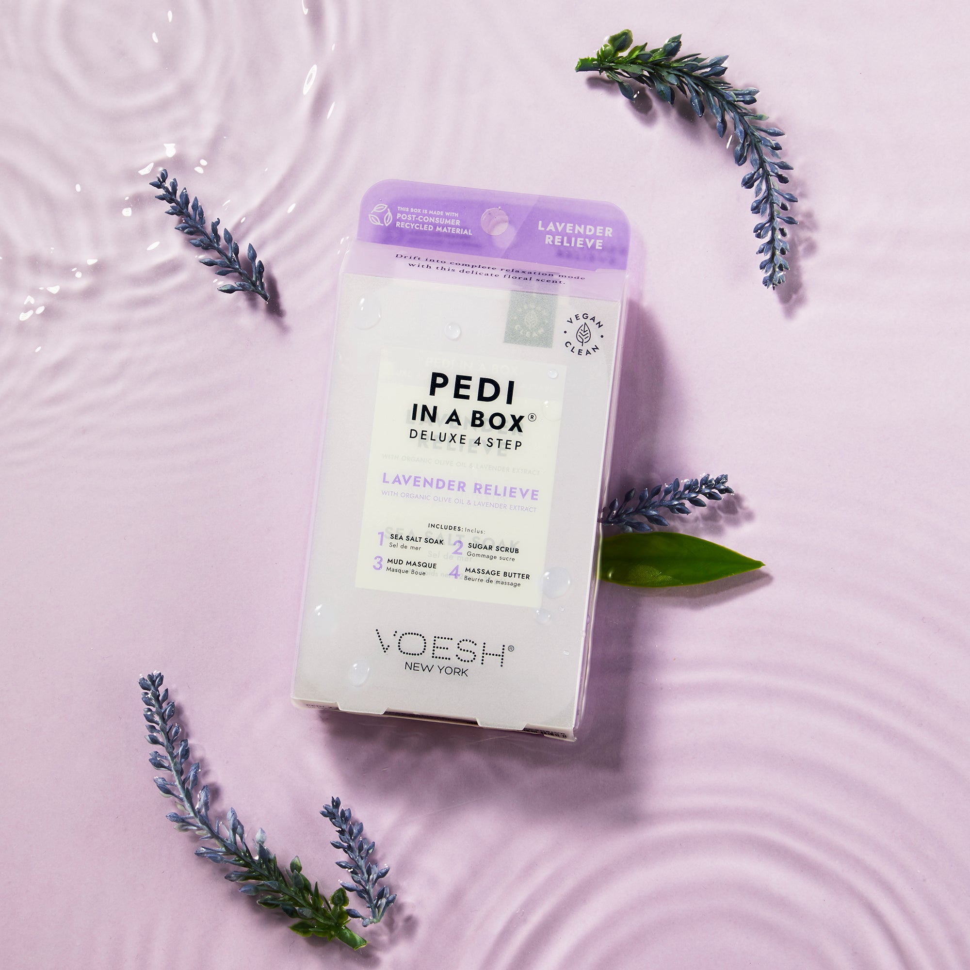 Pedi in a box 4 step lavender relieve in water with lavender on purple background