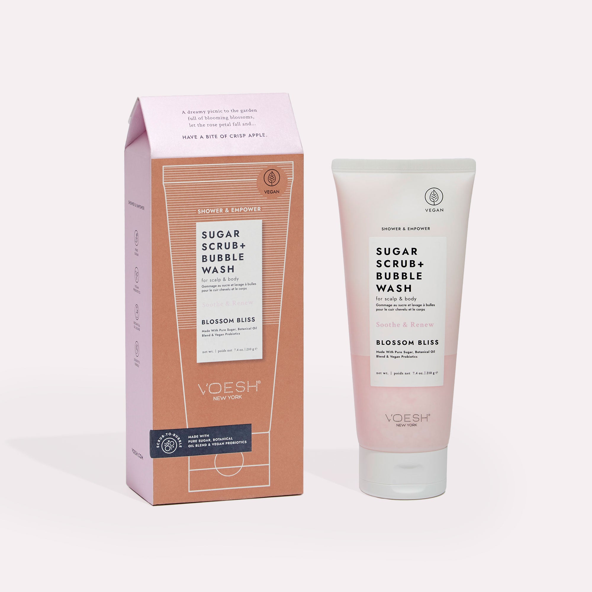Blossom Bliss Sugar Scrub + Bubble Wash For Scalp & Body on gray background