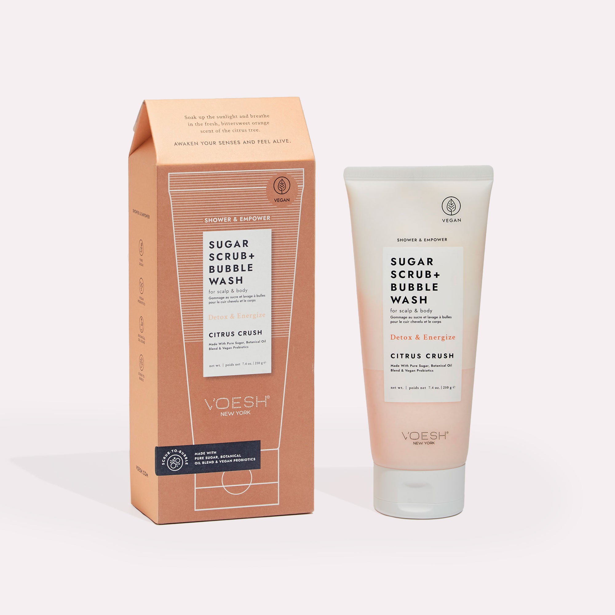 Citrus Crush Sugar Scrub + Bubble Wash For Scalp & Body on gray background