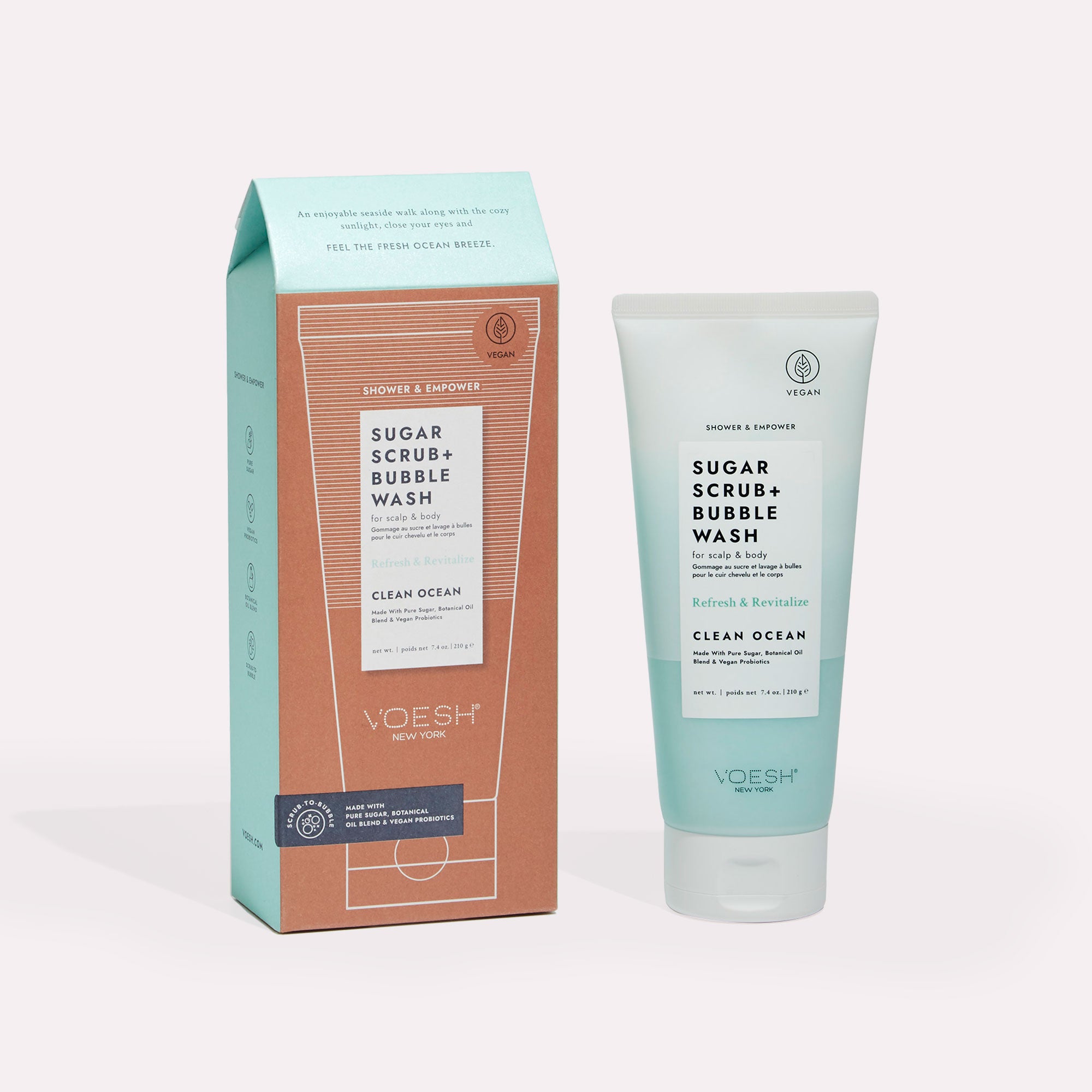 Clean Ocean Sugar Scrub + Bubble Wash For Scalp & Body on gray background